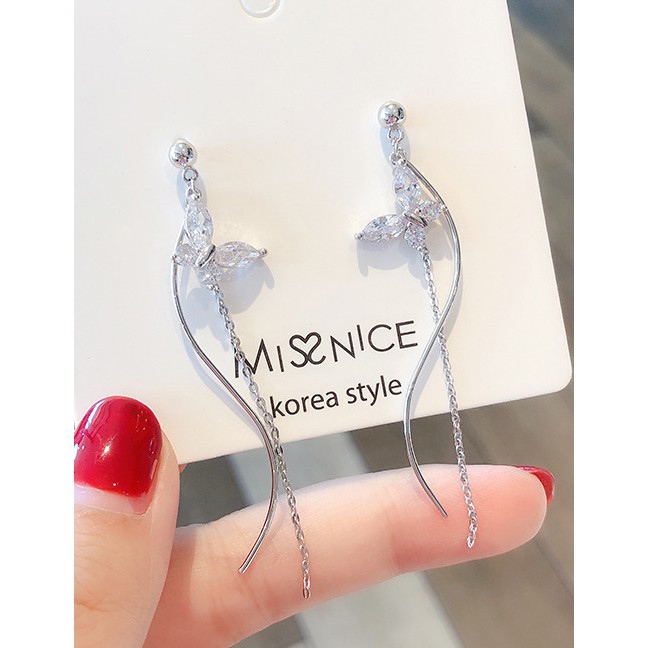 LRC Anting Tusuk Fashion Silver 925 Silver Needle Zircon Butterfly Wavy Line Tassel Earrings D15303