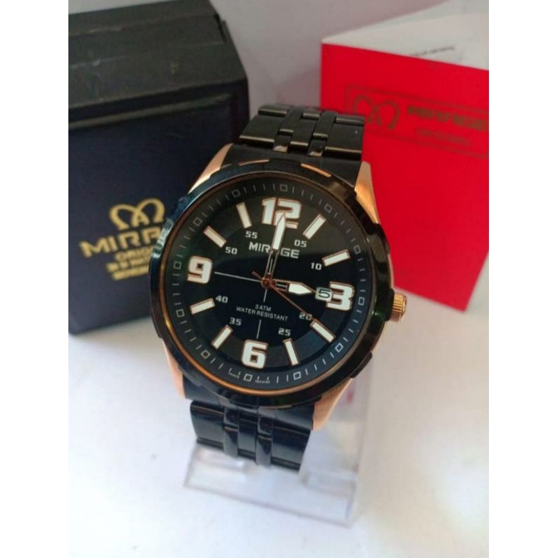 jam tangan pria;MIRAGE M8572BRP-Lhitam rosegold~ORIGINAL WATER RESISTANT~TGL~STAINLEES