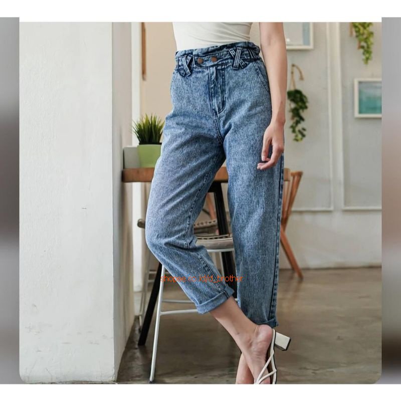 celana jeans baggy wanita highwaist karet stretch melar putih hijau white biru snow black Felicity Boyfriend