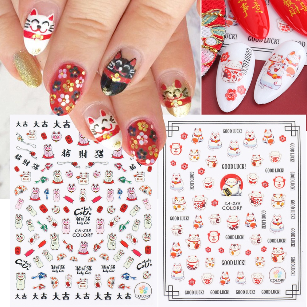 Mxbeauty Stiker Kuku Motif Kucing / Mahjong Bahan Akrilik Untuk Dekorasi Nail Art / Manicure Diy