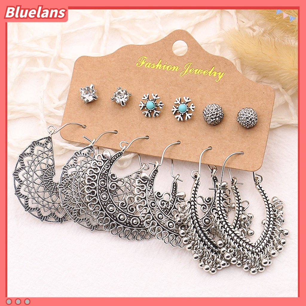 6 Pasang Anting Tusuk Gantung Desain Daun Hollow Bahan Alloy Gaya Etnik Untuk Wanita