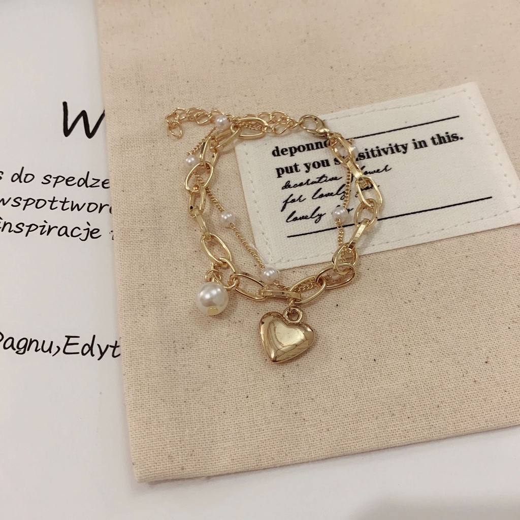 Gelang Liontin Hati Persik Retro Modis Gelang Mutiara Wanita Lapisan Ganda Mewah Ringan