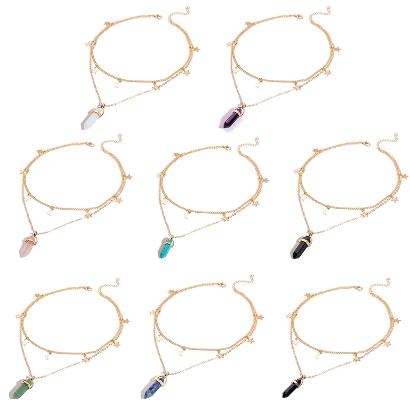 Kalung Rantai Dengan Liontin Batu Opal Heksagonal Gaya Bohemian Untuk Wanita
