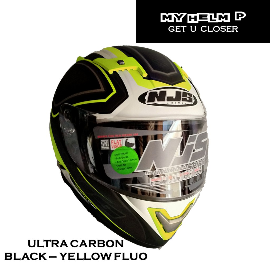 Helm EXTRA VISOR NJS SHADOW Full Face Seri ULTRA CARBON Warna Black Dof YELLOW FLUO