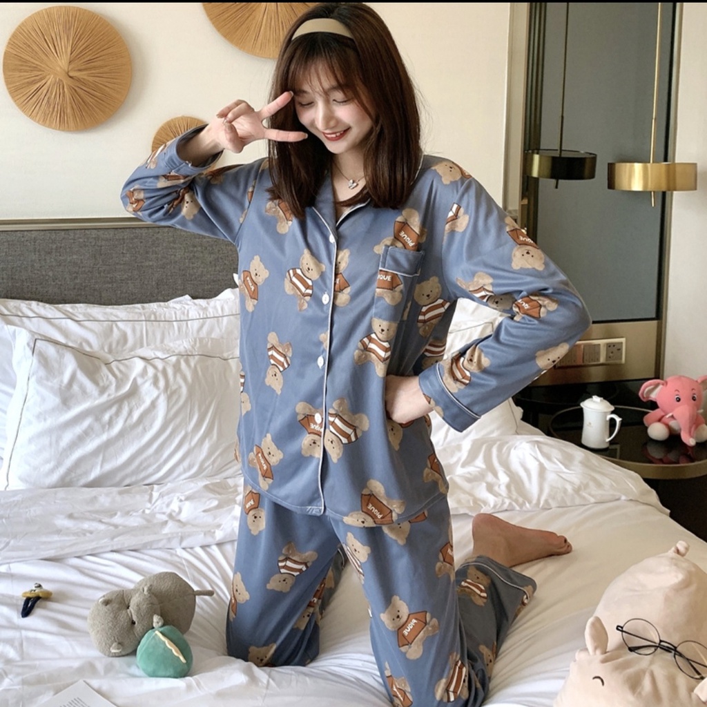 Baju tidur lengan panjang Piyama wanita pp import krah korean style-PP.K BEAR PIQUE ABU