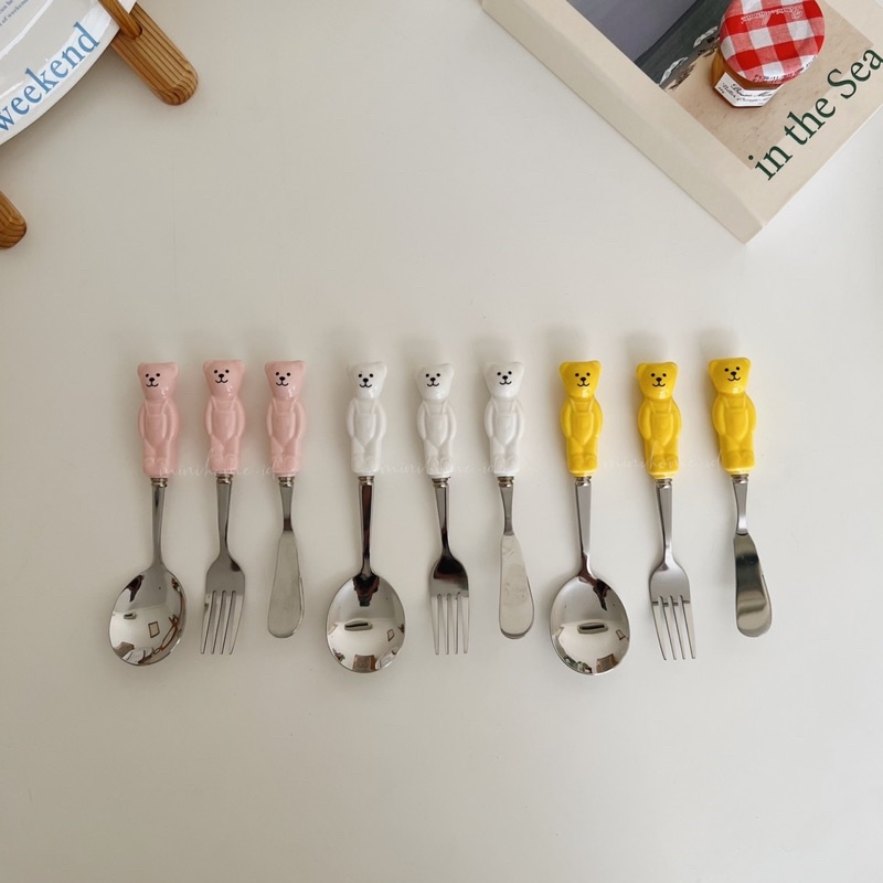 BEAR CUTLERY Sendok Garpu Pisau Makan Aesthetic Korean Homecafe Props Foto Alat Makan Gambar Beruang Peralatan Makan Korea Lucu Teddy Bear