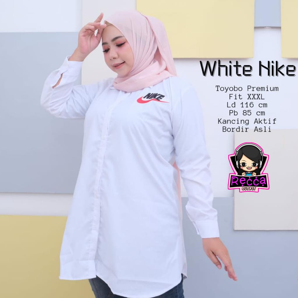Baju Atasan Wanita Lengan Panjang Putih Polos Jumbo Terbaru LD 116 Bordir Nike Bahan Toyobo Premium 