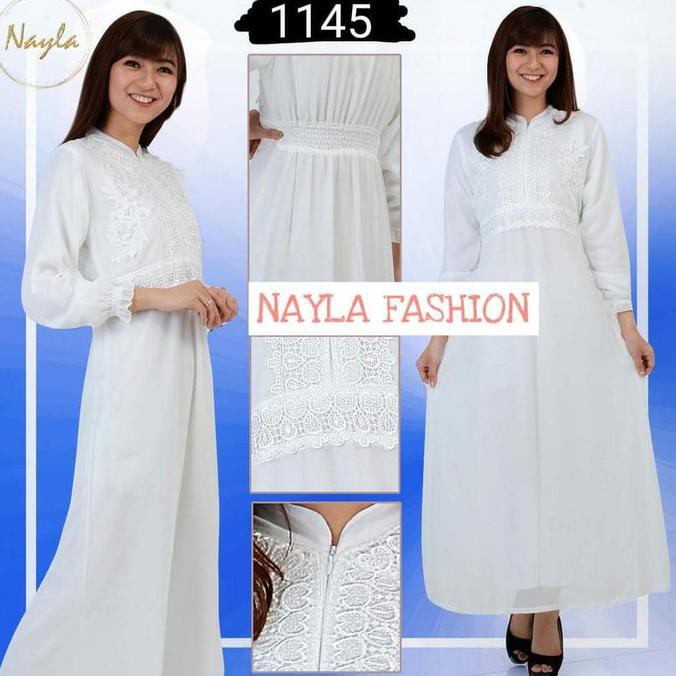NAYLA Baju Gamis Putih Wanita Gamis Pesta Busana Muslim Brukat