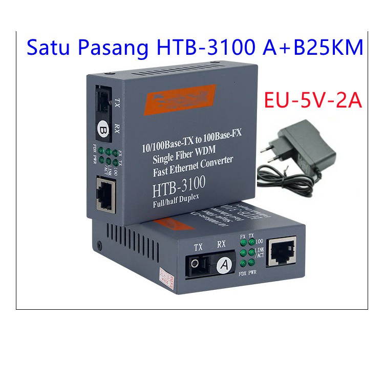 Adaptor 5V 2A EU, sepasang HTB-3100A+B, sabuk mode tunggal konverter media serat optik optic