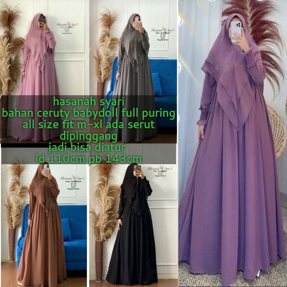 Hasanha Syar'i/ gamis syari wanita/ gamis syar'i bahan ceruty/ syari mewah/ syari mewah terbaru 2022 lebaran/ syari/ syari set/ syar'i/ syari ceruty/ syar'i mewah-1