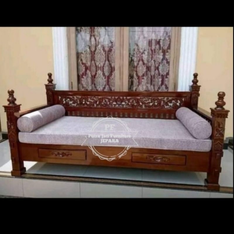 Bangku bale bale panjang unik bahan kayu jati mebel Jepara + busa