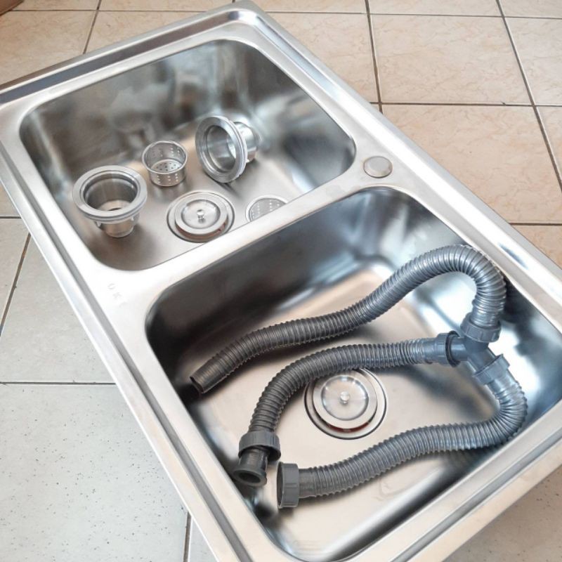 Kitchen Sink Stainless 2 Lubang Kran Tarik Panas Dingin Bak Cuci Piring Wastafel 2 Lubang