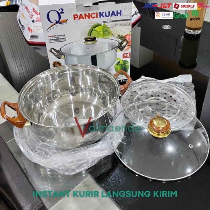 Panci Kukus Serbaguna Q2 8324 Panci Kuah Q2 8222 Tutup Kaca Stainless Steamer Panci Sup