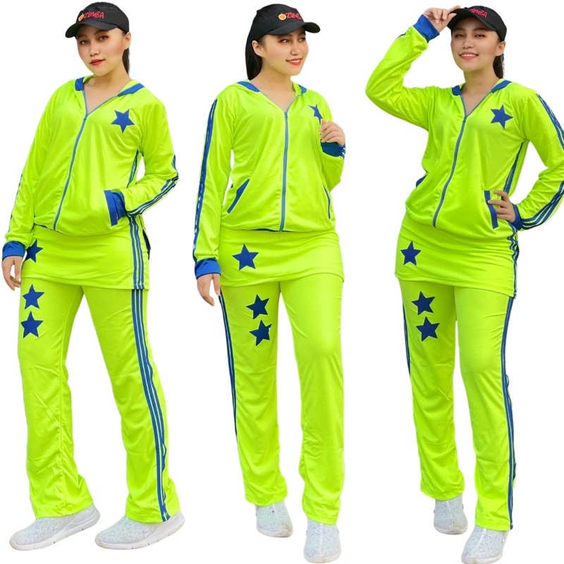 Set Olahraga Rok Bintang Stabilo Biru Setelan Senam Gym Howes Cylcing Jogging Training