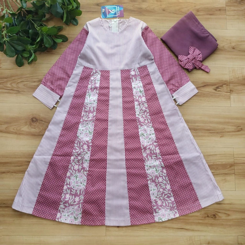 [Brandedbaby] 2-4T  ASDYAKIDS GAMIS SET HIJAB STRIPE UNGU