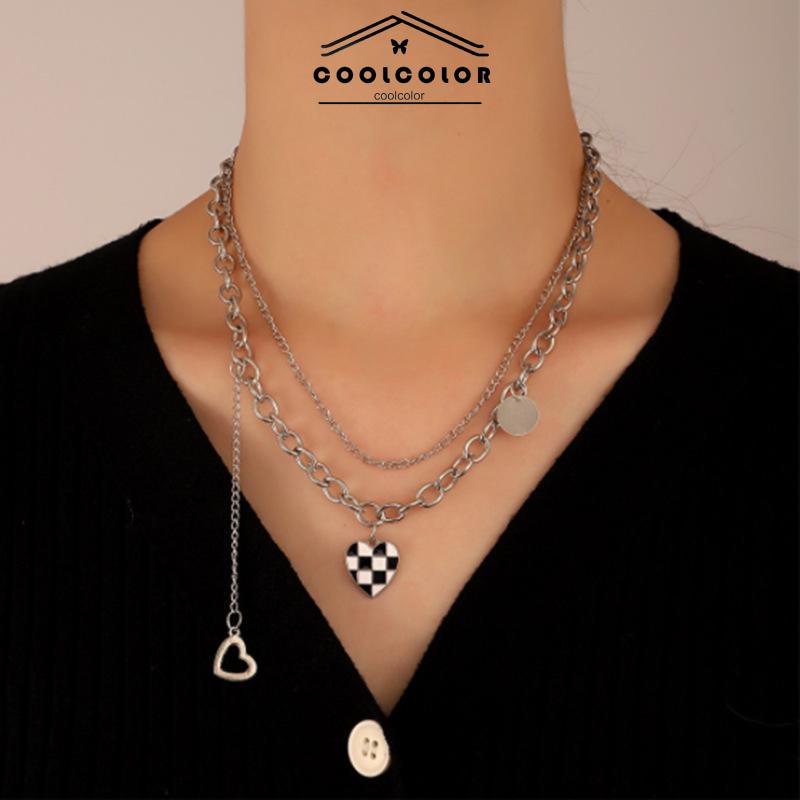 COD❤️Kalung Liontin  Korea Kotak-kotak Manis Keren Double Layer Rantai Sweater Panjang Klavikula Anti Karat Dan Anti Luntur Kalung Hadiah Ulang Tahun Kado Wanita Pria 2023 Terbaru