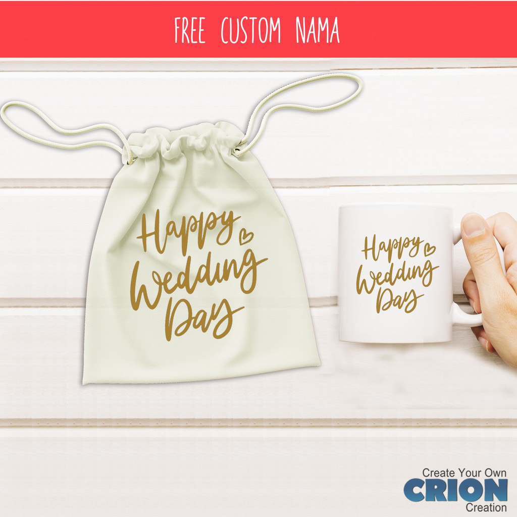 Mug Hampers Happy Wedding Pouch Bisa Custom Tulisan - By Crion