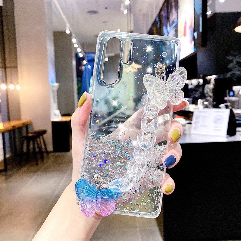 Glitter Case Chain ButterFly iPhone Oppo Vivo Xiaomi Samsung Realme 3 5 6 7 8 Pro A74 A54 Y11 10 11