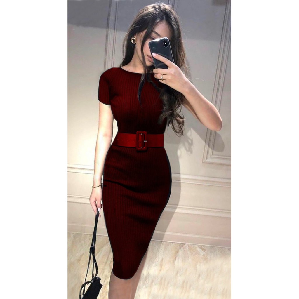 HOPYLOVY - Dress Rajut Wanita Simpel Free Belt Nicole