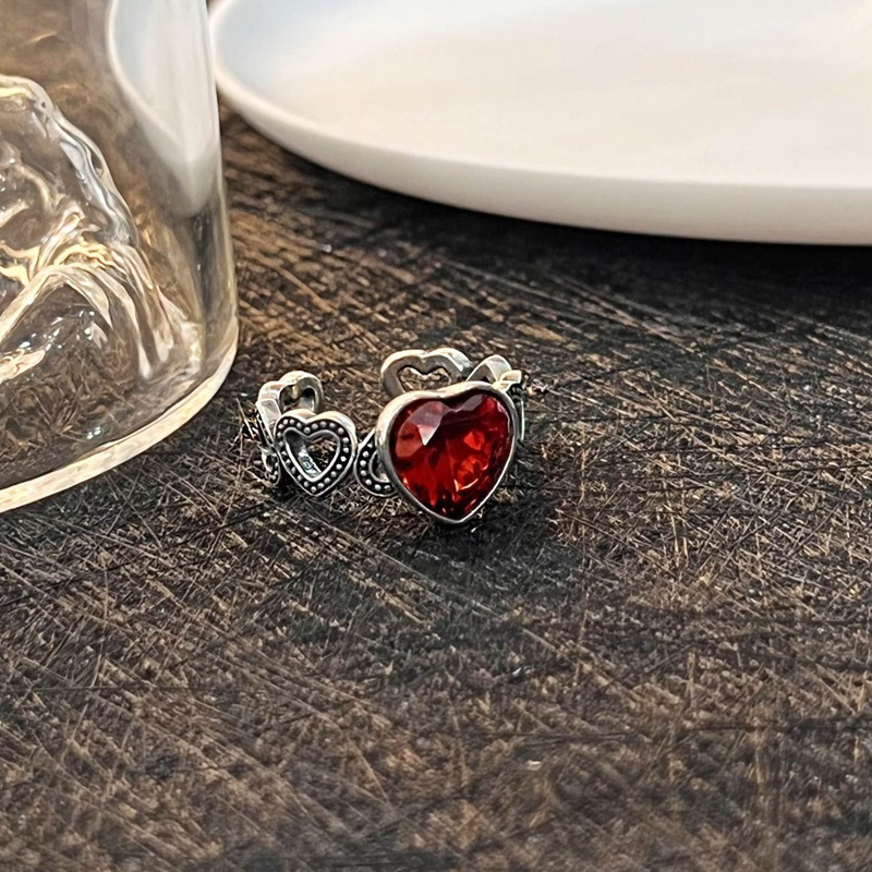 Cincin Silver Thai Retro Desain Bunga Mawar Merpati Hias Zircon Merah Darah Untuk Wanita