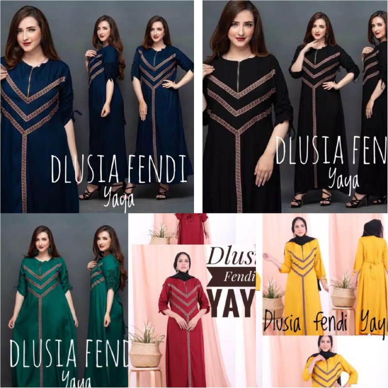 Daster Arab DLUSIA FENDI YAYA  Rayon Super Grade A  Resleting Depan Busui LD 110 PB 135 Lengan 7/8 (Serut) Muat BB 75KG