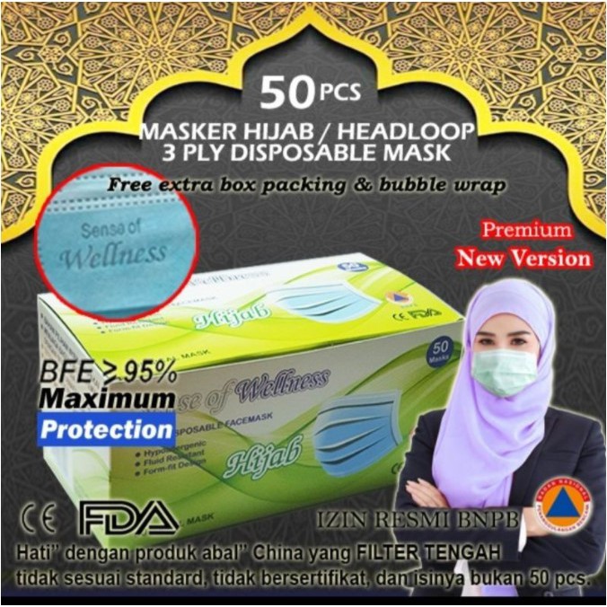 MASKER HIJAB WELLNESS MASKER SENSE OF WELLNESS HIJAB MASKER MEDIS HIJAB MASKER HIJAB 3 PLY 1 BOX ISI