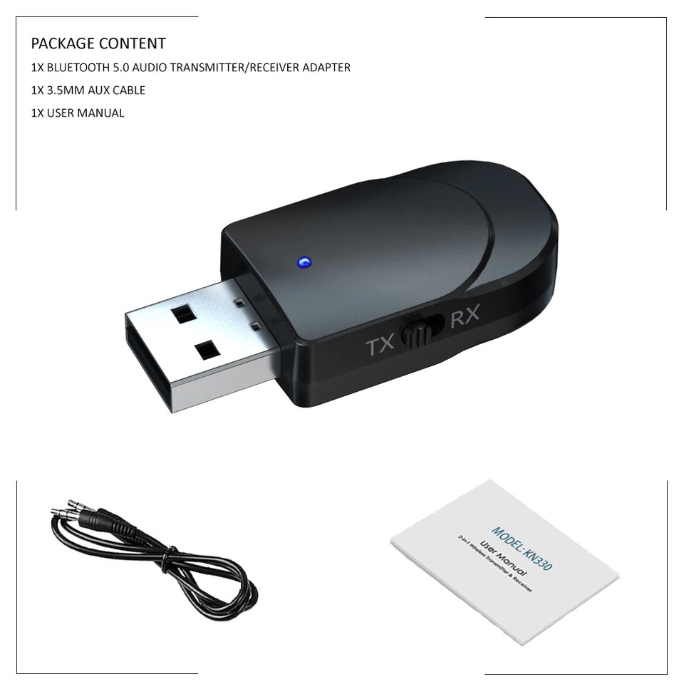 2 in 1 USB Audio Bluetooth 5.0 Transmitter &amp; Receiver - KN330 - Black 7RSK4YBK