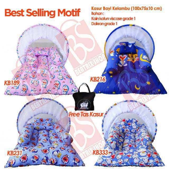 Kasur Lipat Bayi Set Kelambu Bantal Guling | Tempat Tidur Anak Baru Lahir Motif Lucu Bonus Tas 126