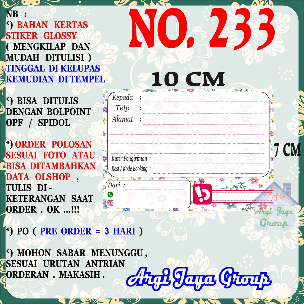 

Stiker Pengiriman - Sticker Alamat Olshop Murah Nomer 233 - 10x7 cm - Glossy