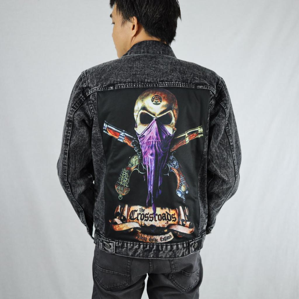 Jaket Jeans Printing Termurah Best Seller- Jaket Denim Pria Sablon Printing Xpression Sandwash Hitam