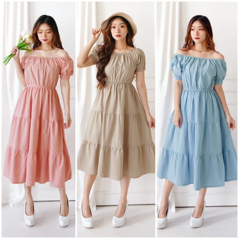 ❣️ SPECIAL PRICE ♡ PREMIUM ♡ ORIGINAL ! NANCY VINTAGE PLAIN 2 WAYS SABRINA TRAP LAYER FLARE LONG MIDI RUFFLE DRESS