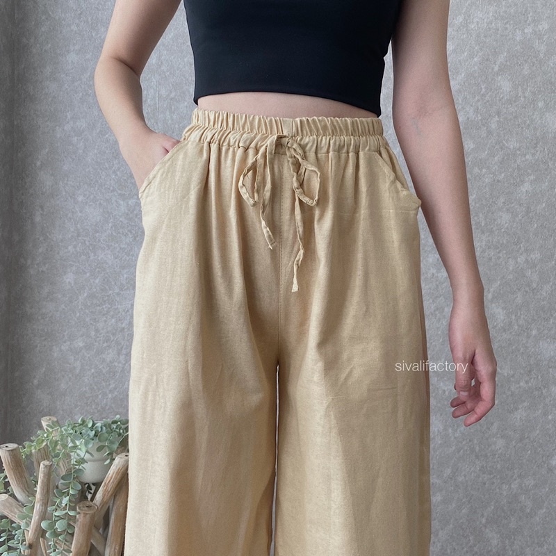 Celana Kulot Linen Rami Highwaist Pinggang Karet Wide Leg Cullote 552