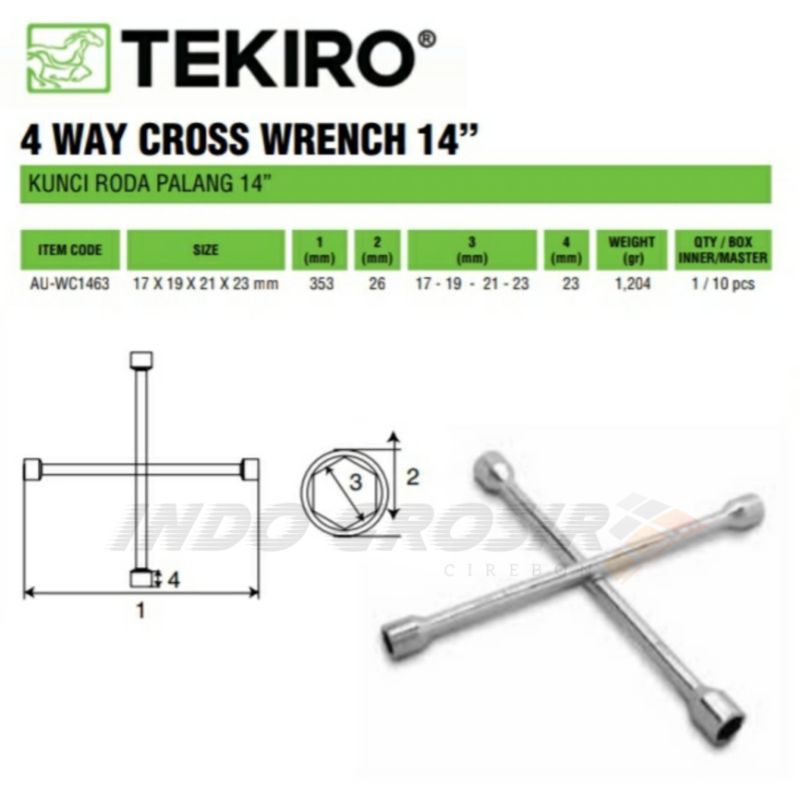 TEKIRO Kunci Roda Mobil 14 Inch 4 Way Wrench 14&quot; 17x19x21x23 mm Kunci Roda Palang