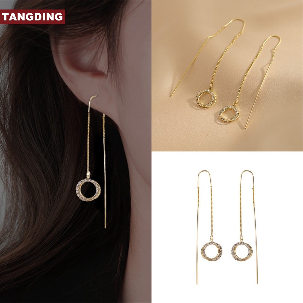 【COD Tangding】Elegant Golden Round Zircon Long Tassel Pendant Earrings Women Fashion Jewelry Accessories