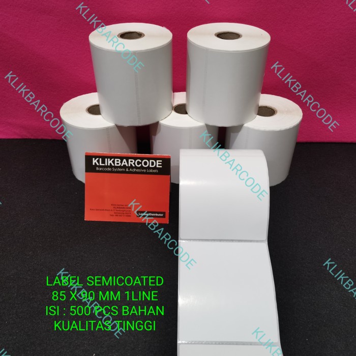 

STICKER KERTAS LABEL PRINTER BARCODE 85 X 90 MM - 1 LINE - SEMICOATED - Isi : 500 pcs/roll