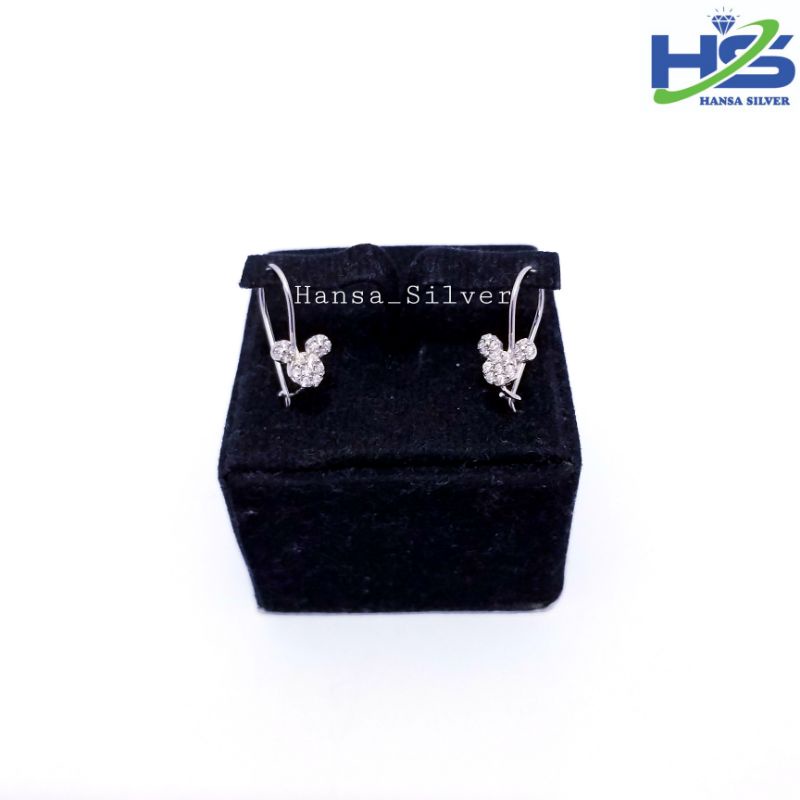 Anting Perak Anak Asli Silver 925 Lapis Emas Putih Model Mickey Mouse Permata Putih Dan Pink - Perak Asli 925