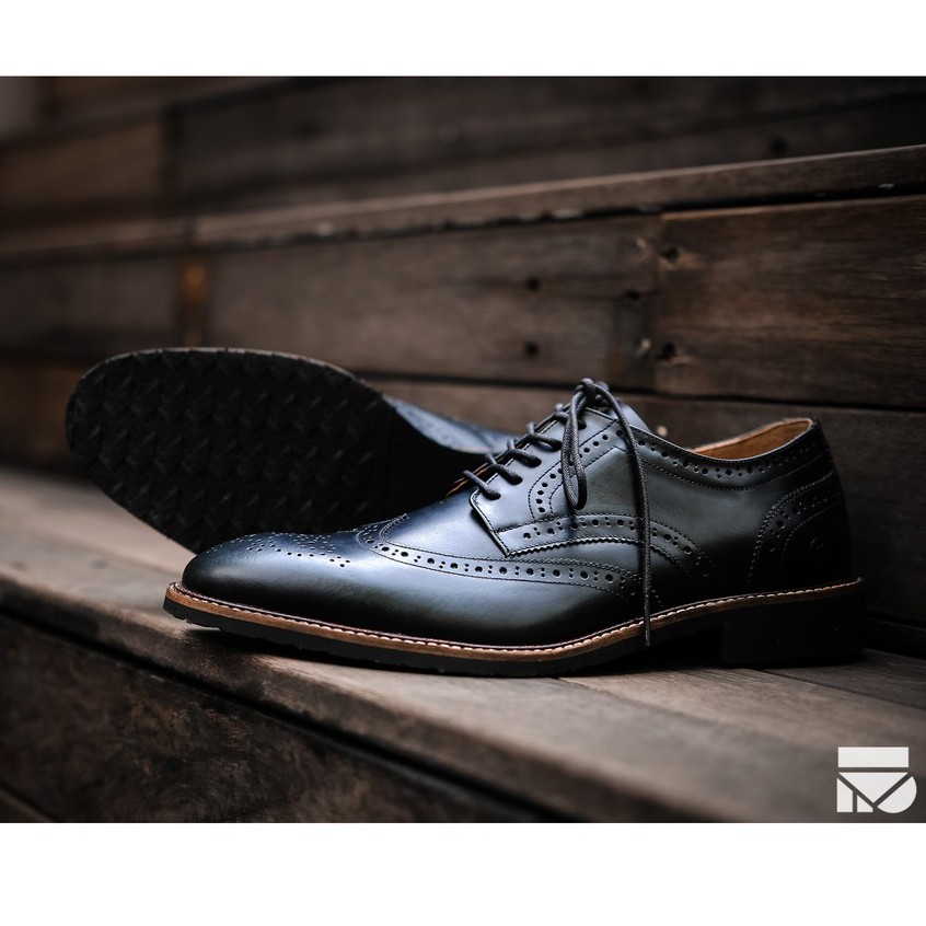 Sevilla Black | Sepatu Kulit Asli Formal Casual Kantor Pria Cowok Men Wingtip Ori | FORIND Zapato