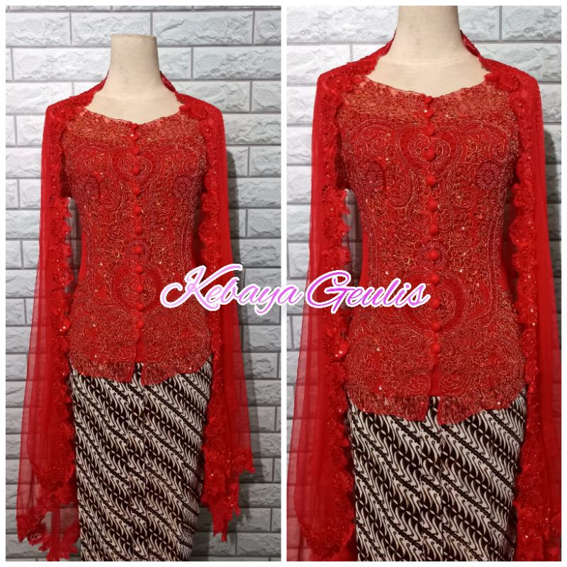 atasan kebaya pesta merah cabe +longtorso dan selendang
