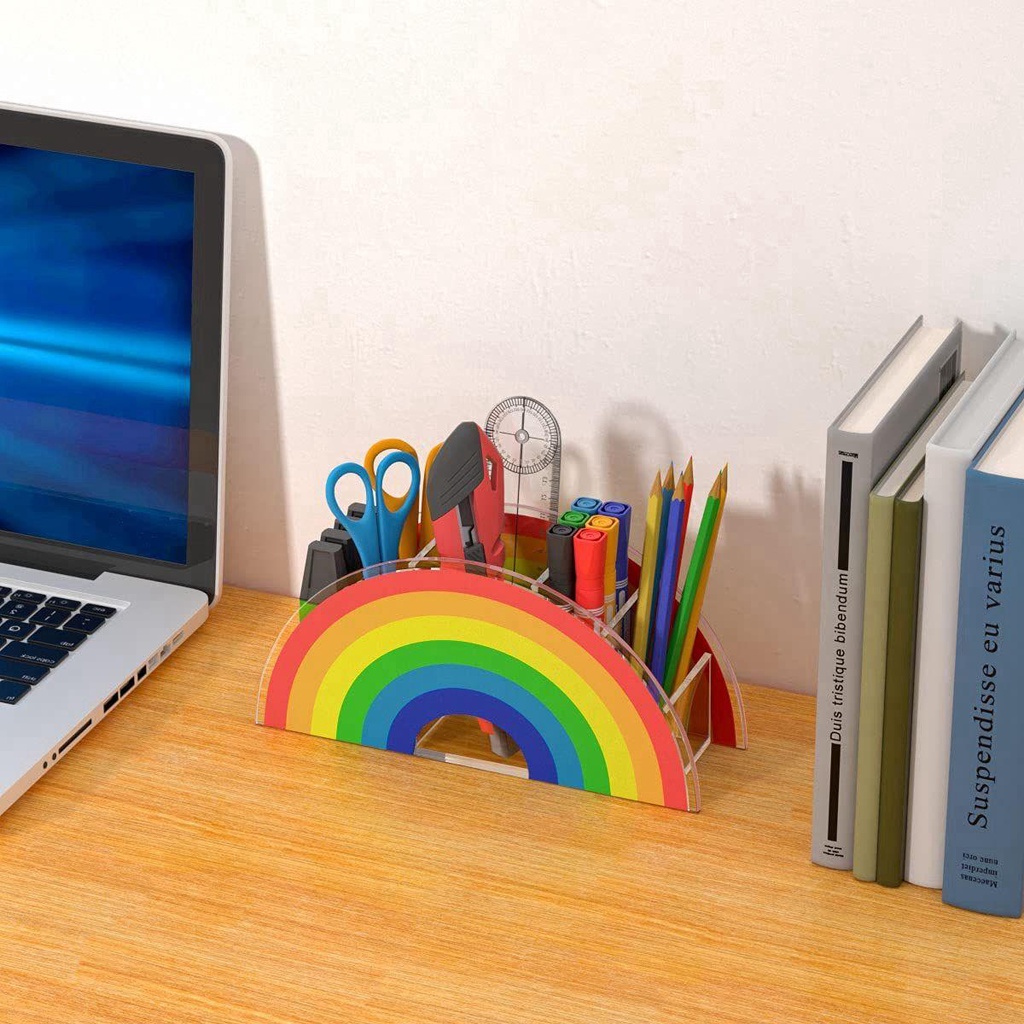 Lanfy Tempat Pulpen Kantor Sekolah Rainbow Acrylic 5kompartemen Rak Kuas Makeup