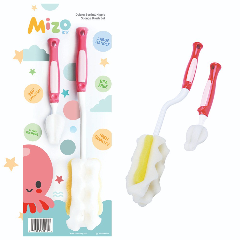 Mizo Deluxe Bottle And Nipple Sponge Brush Set - Pembersih Botol Bayi Sponge