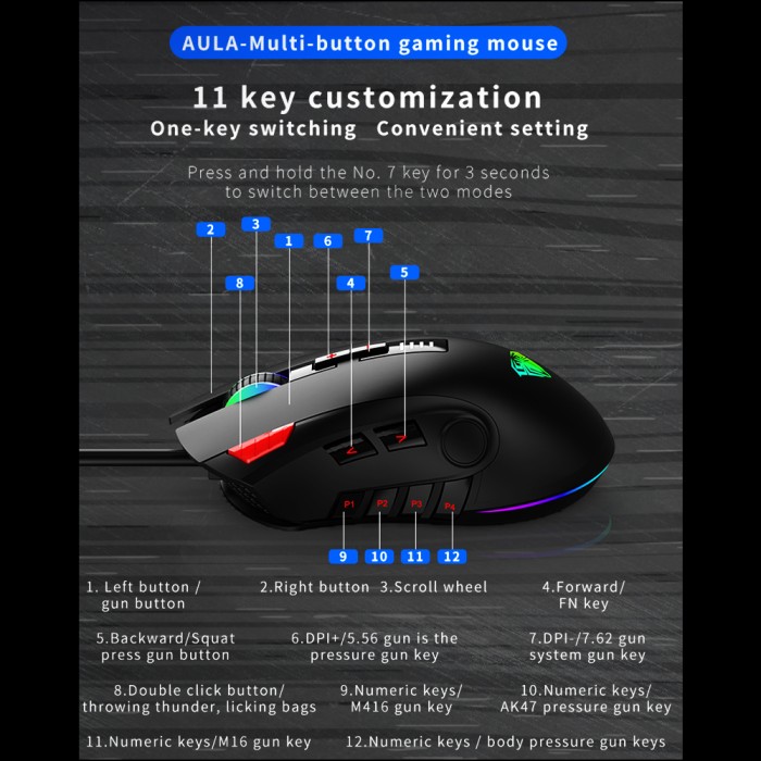 Mouse Gaming Full key programming AULA H-512 - Sensor P3325 -RGB LED