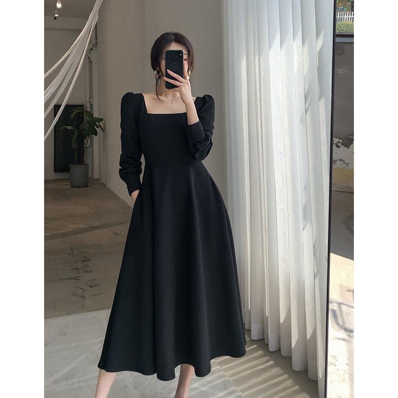 Dress korea/kerah persegi vintage dress/dress hitam panjang