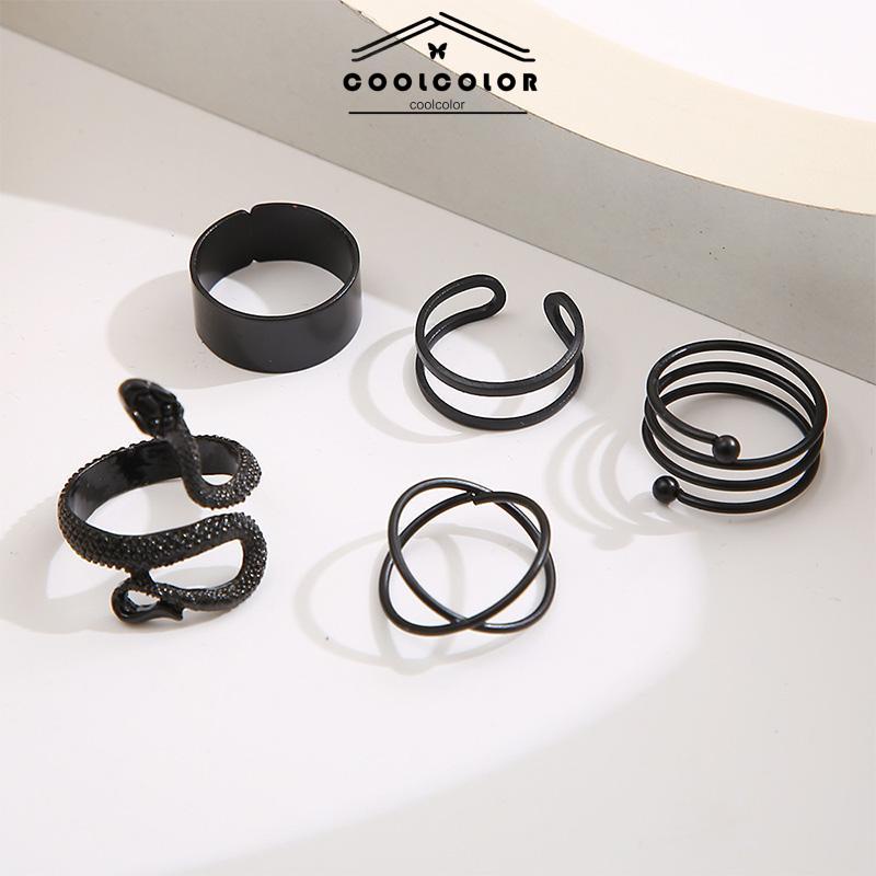 COD 5Pcs/Set  kreatif ms. Jane cincin wanita menggabungkan cincin ular hitam geometri- cl