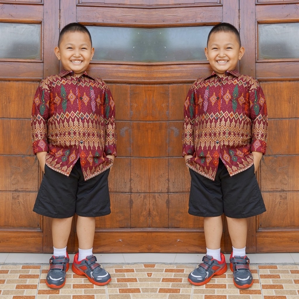 kemeja hem batik anak bahan katun lengan panjang warna marun BAL10