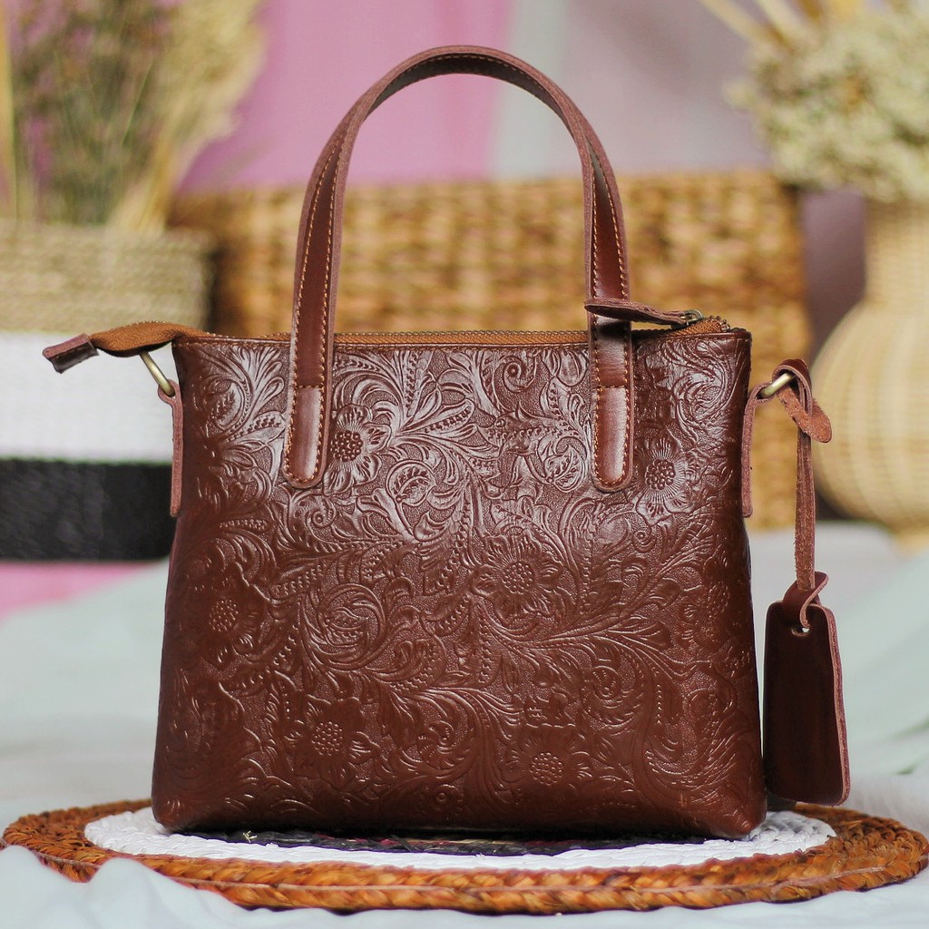 NEW !! TAS KULIT ASLI SLEMPANG MODEL MINI RACHEL KULIT SAPI MOTIF BATIK HAVANA / FREE GRAVIR NAMA