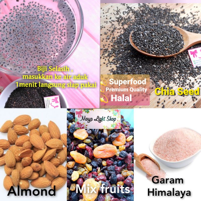 

superfood chia seed garam himalaya salt roasted almond mix fruits vegan food cemilan diet sehat