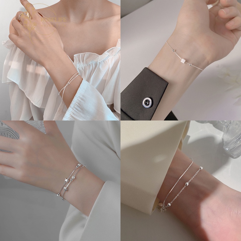 Roselife Gelang Tangan Rantai Silver S925 Wanita Desain Rumbai Bola Bintang Simple Gaya Korea