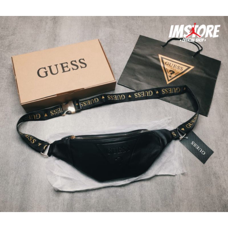 Waist bag GUESS Balck Gold Full set/ Waistbag pria Guess leather Gold Tas pinggang pria dan wanita