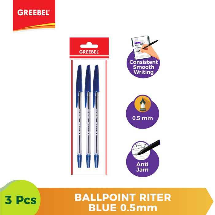 Ballpen Biru Pulpen Greebel Ballpoint Riter0.5 Blue - 3pcs.