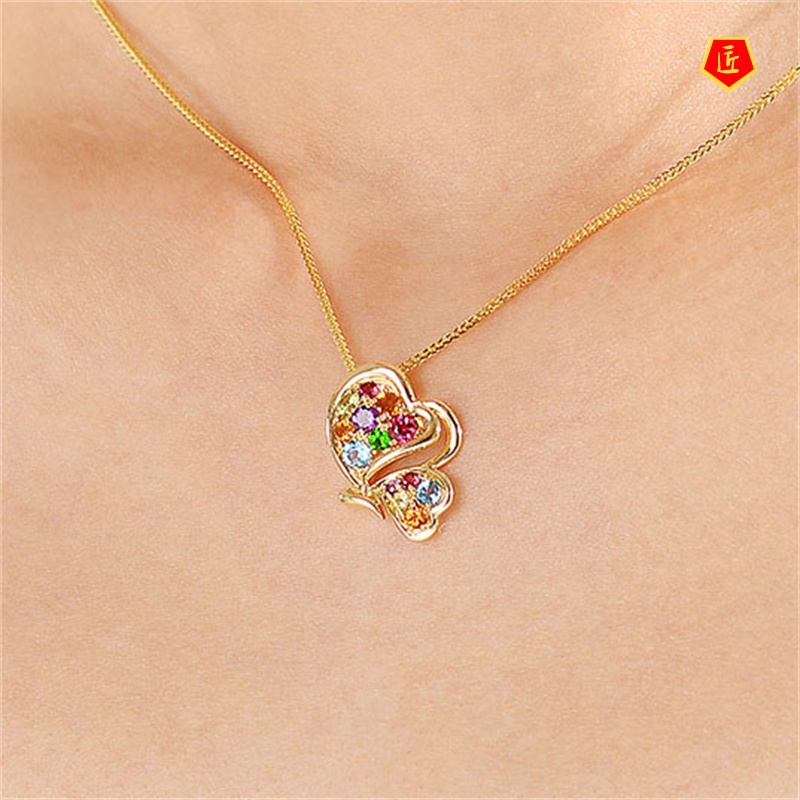 [Ready Stock]Colorful Gem Love Heart Pendant Gold Butterfly Necklace Fashion